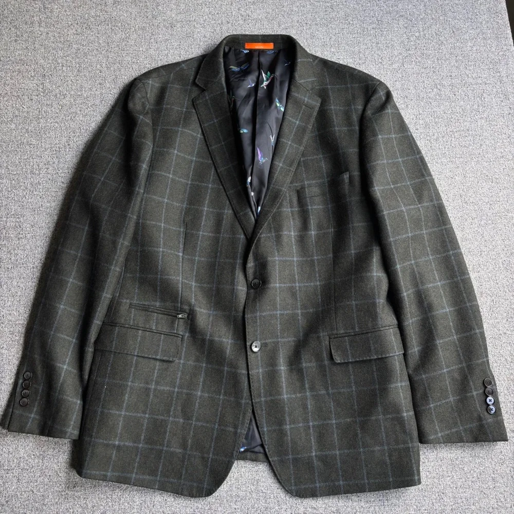Tallia Sport Coat Mens 50L Wool Windowpane Olive Green Two Button Blazer